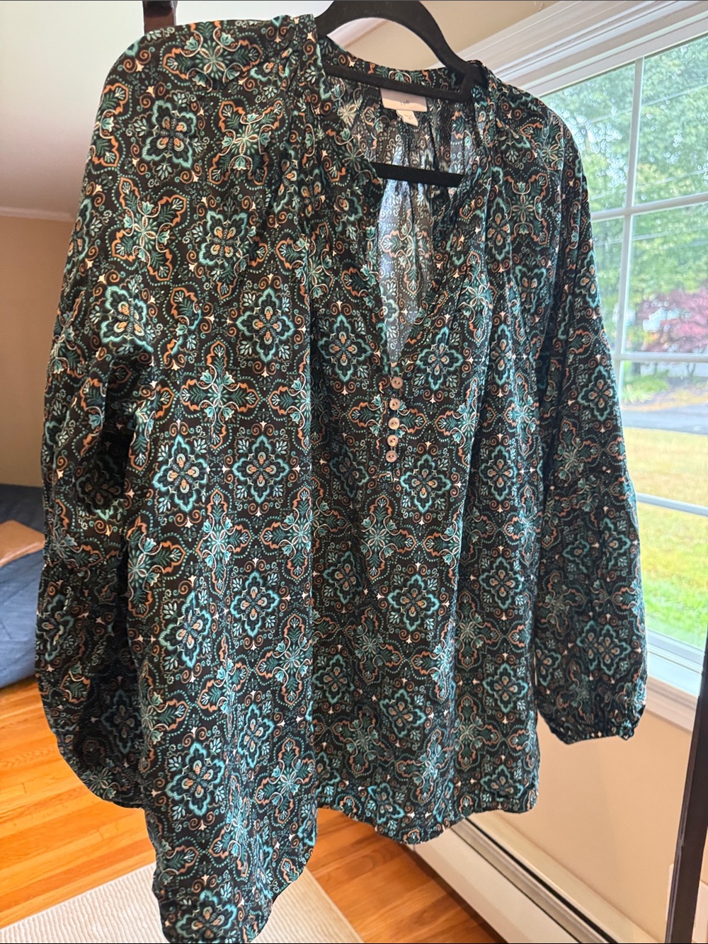 J. Jill Teal, Black and Brown Printed Henley Blouse